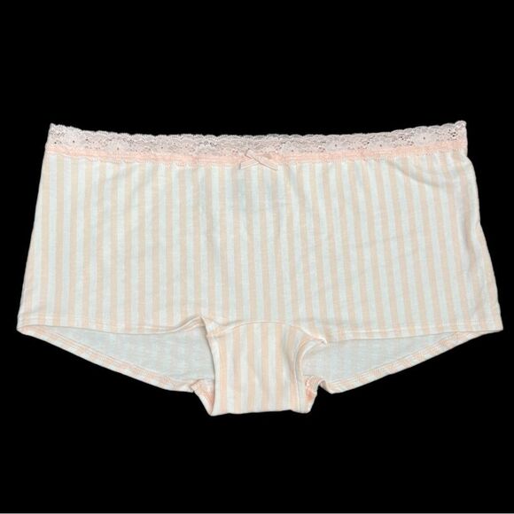 Victorias Secret Smooth Cotton & Lace Pink white Striped Boyshort Shortie L - Picture 1 of 3